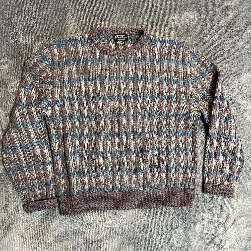 Vintage 70s Bradley 100% Shetland Wool Cable Knit Sweater Cool Colorway Size XL